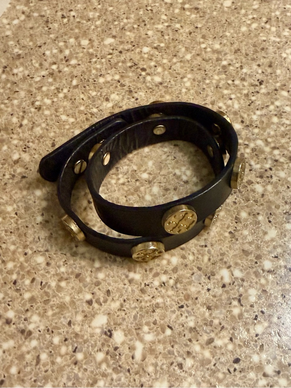 Tory Burch Black Double-Wrap Leather Bracelet with Gold Logo Medallions